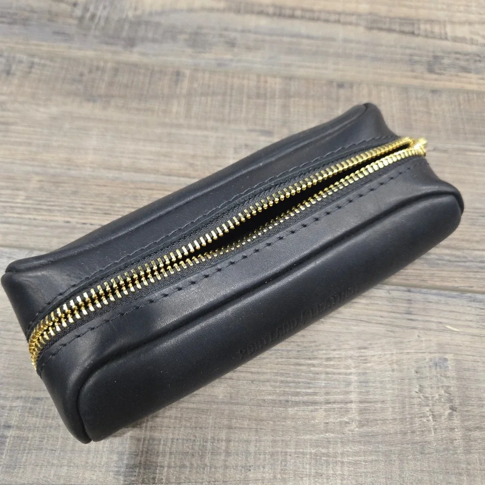 Portland Leather Goods Black Leather Pencil Case Gold Zipper Pouch Accessory